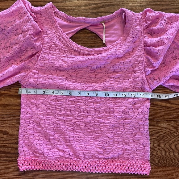 FREE PEOPLE PINK LACE bubble sleeve crop top circular open back elasticized Med - Picture 8 of 15